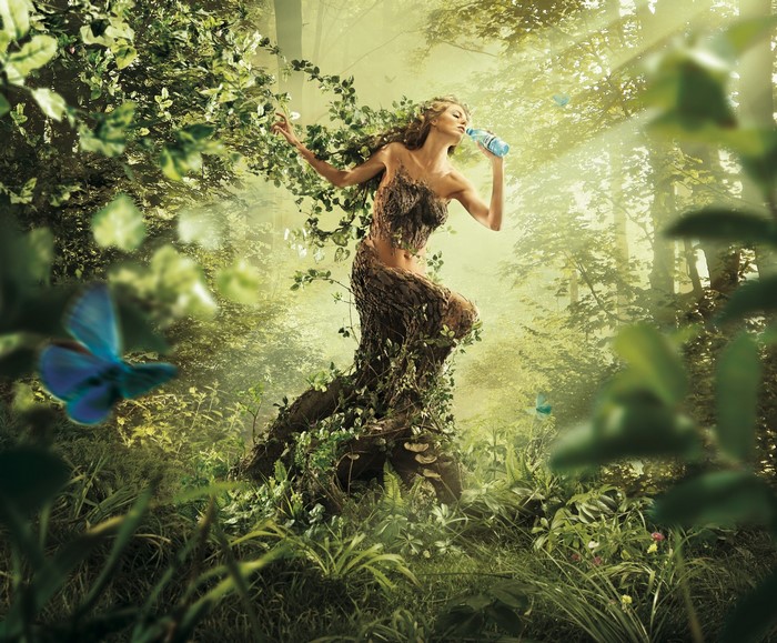 Woman in Tree Bark Dress Drinks Water in Forest