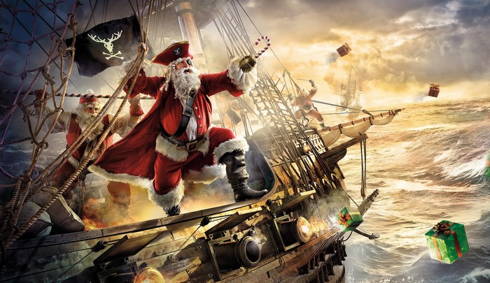 Pirate Santa Claus on a ship with gifts