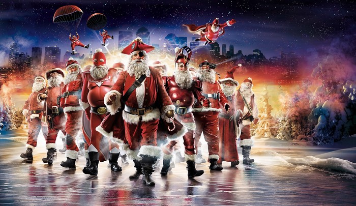 Multiple Santas in a Cityscape at Night