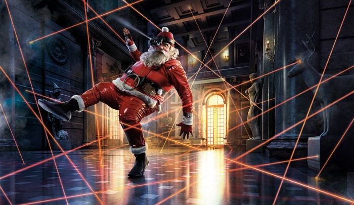 Santa Claus navigating a laser grid