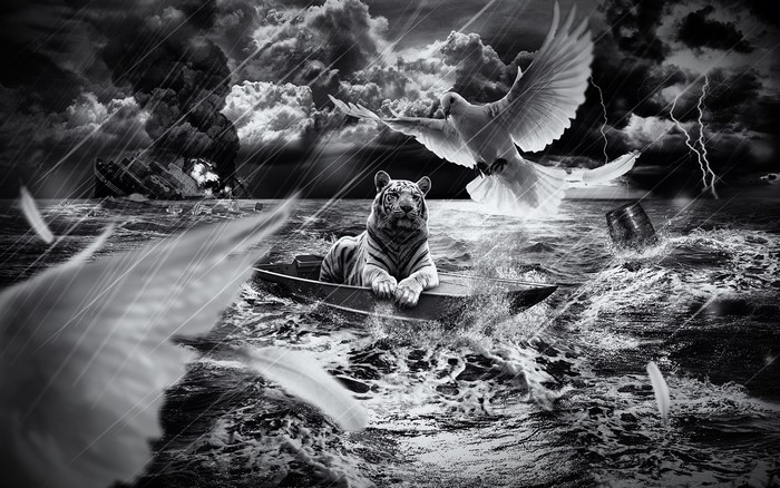 Tiger in a boat with doves during a storm