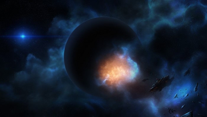 Planet with explosion and spaceships in nebula