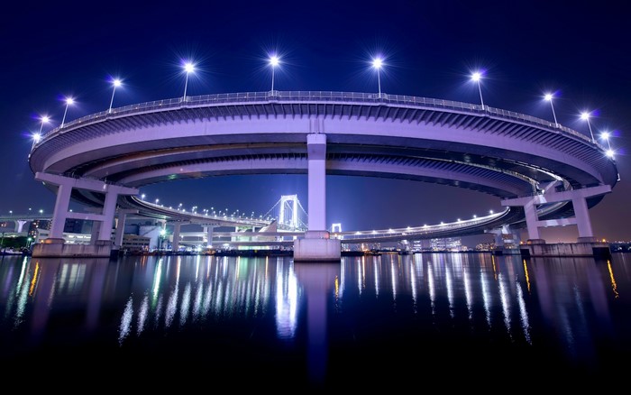 Rainbow Bridge and elevated highway at night in Tokyo, Japan