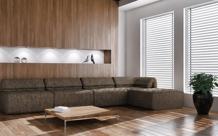 Modern living room with sectional sofa and wooden wall