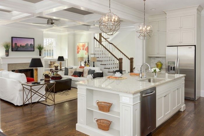 Modern Living Room and Kitchen with Island and Fireplace