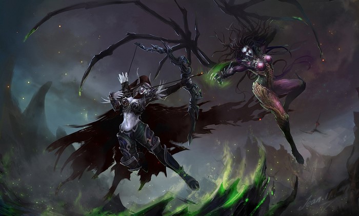 Sylvanas Windrunner from World of Warcraft fighting a Zerg creature