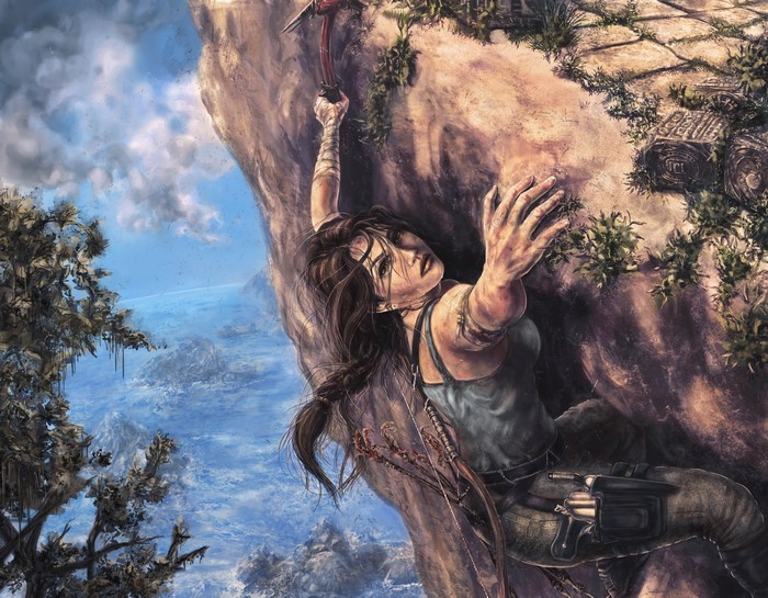 Lara Croft climbing a cliff in Tomb Raider