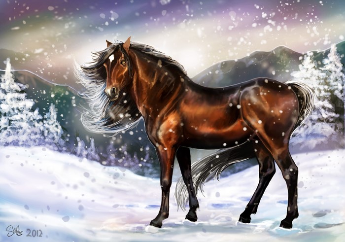 Brown horse in a snowy landscape