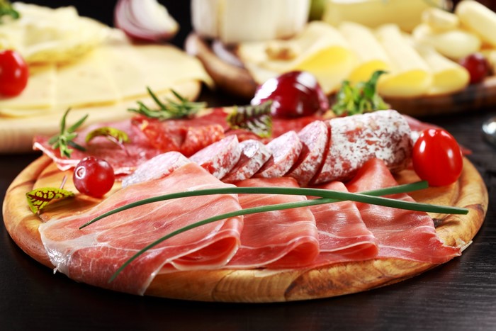 Meat products, sausage, and ham platter with cheese