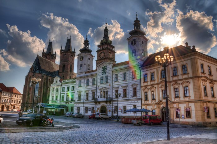 Hradec Kralove, Czech Republic square with historic buildings