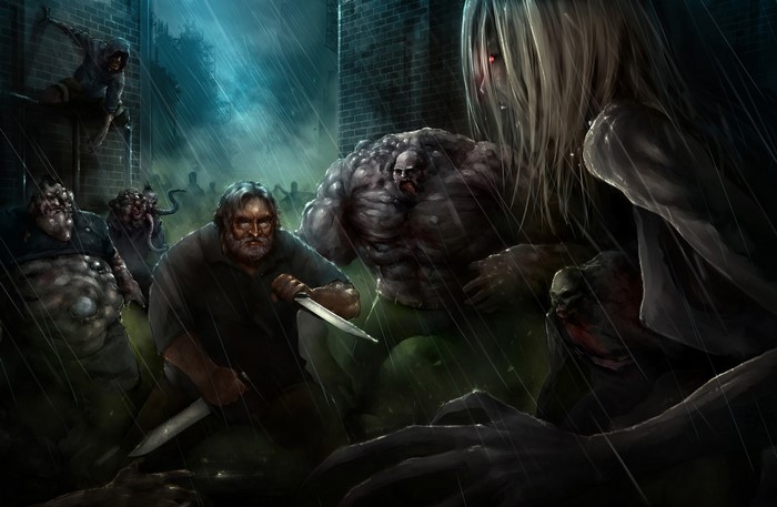 Survivors fighting monsters in the rain