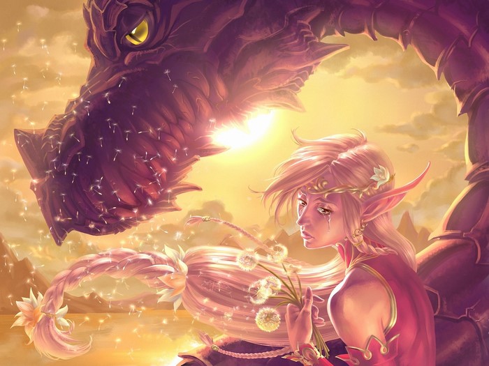 Elf girl with dragon and dandelions