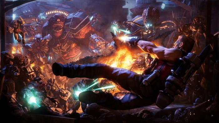 Duke Nukem in battle with monsters