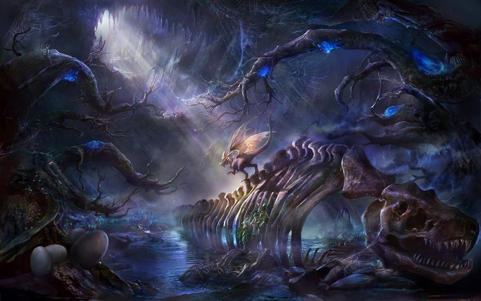 Dragon on a dinosaur skeleton in a dark fantasy world