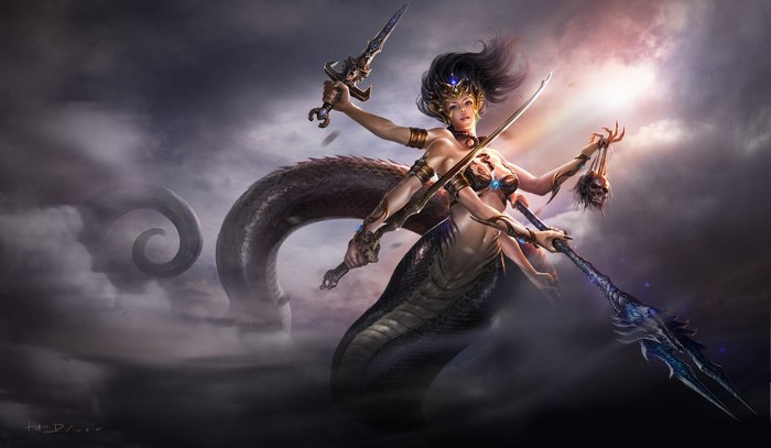 Naga warrior with multiple arms and weapons
