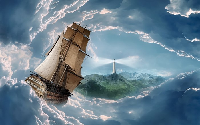 Sailing ship in clouds near a lighthouse on a mountain