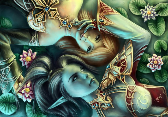 Two Elves from Lineage 2 lying on water lilies