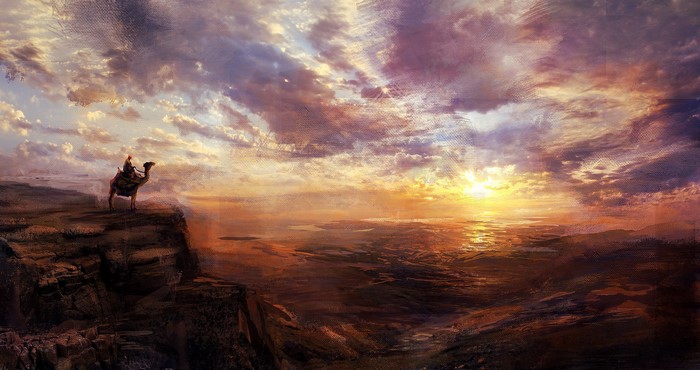 Camel rider on cliff at sunset over desert landscape