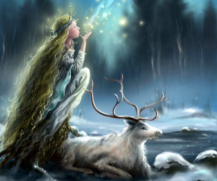 Girl with long hair and a deer in a snowy forest