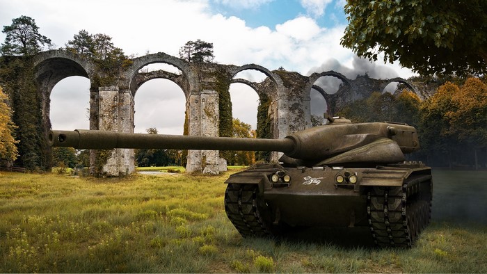 T54E1 tank in front of ancient aqueduct ruins