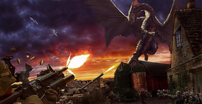 Soldiers Battle Dragons with Guns and Tanks