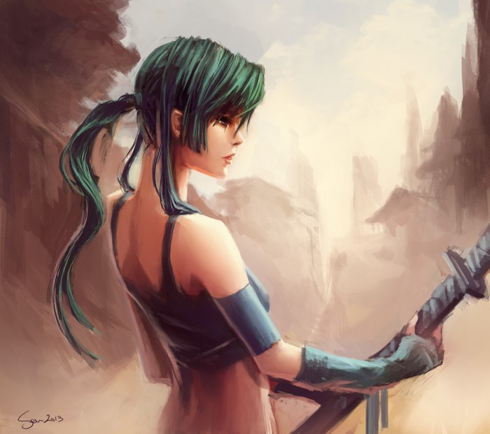 Painting of a woman with green hair holding a sword