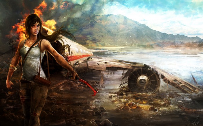 Lara Croft from Tomb Raider near a crashed airplane