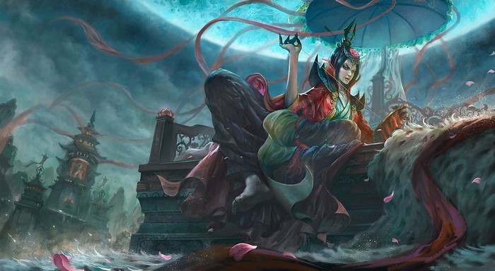 Fantasy woman in ornate armor with a tiger and pagodas