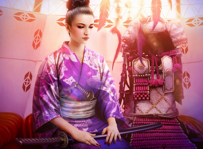 Woman in Kimono with Samurai Armor and Sword