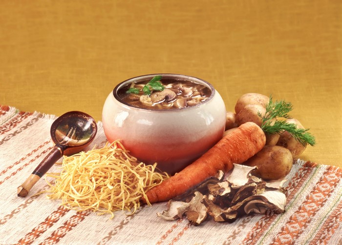 Still-life with mushroom soup, carrots, potatoes, and noodles