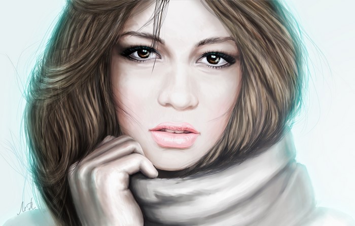 Digital painting of a woman with brown hair and scarf