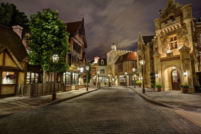 Night street scene in a European-style village at Disneyland