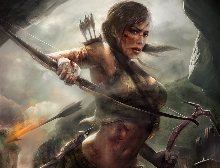 Lara Croft from Tomb Raider aiming a bow