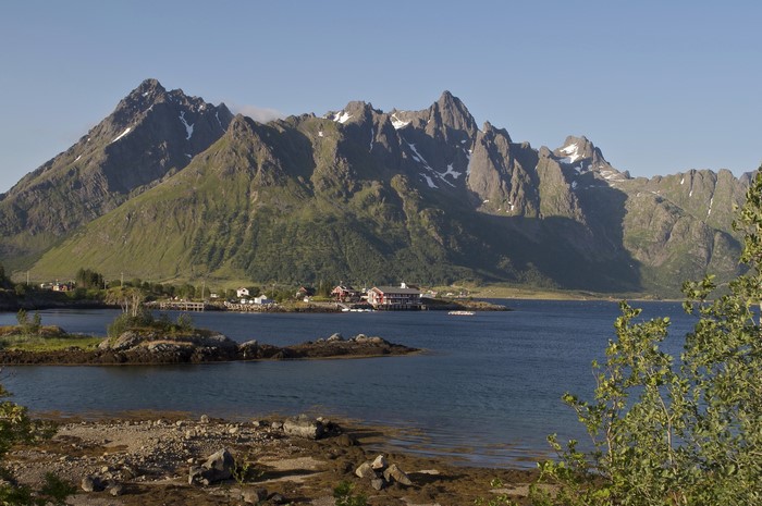 Mountains and village by the water in Lofoten, Norway