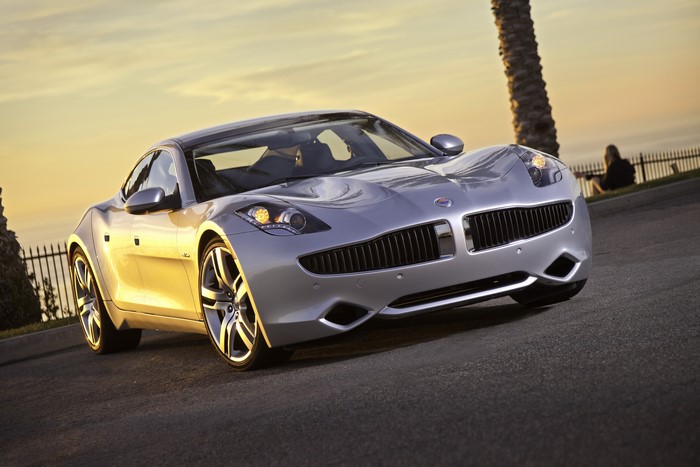 Silver Fisker Karma EVer car front view