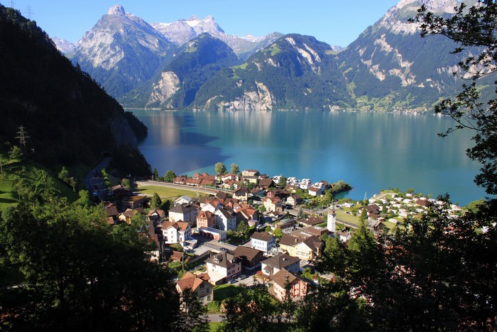 Morschach, Switzerland: Village on Lake Lucerne with Mountains
