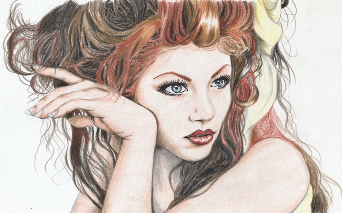 Painting of a woman with colorful hair and blue eyes