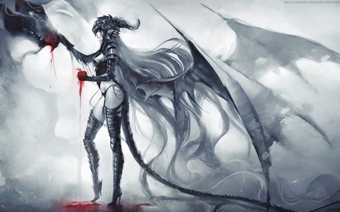 Dragon woman holding a bloody apple
