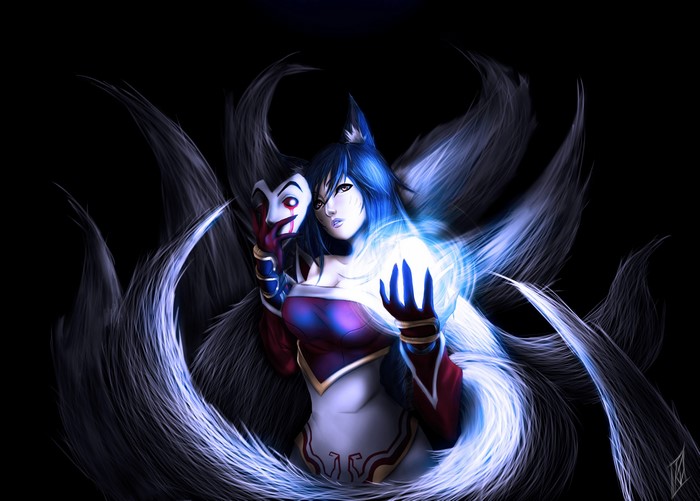 Ahri from League of Legends holding a mask and magic orb