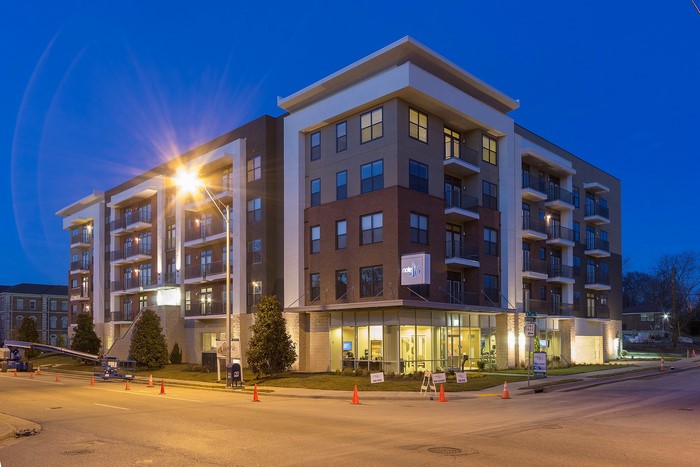 Modern apartment building at night in Nashville, USA