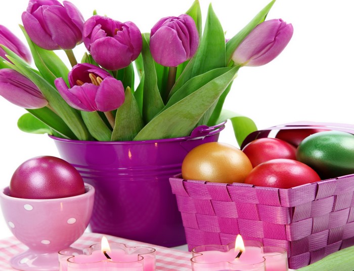 Easter Tulips and Painted Eggs in Violet Bucket