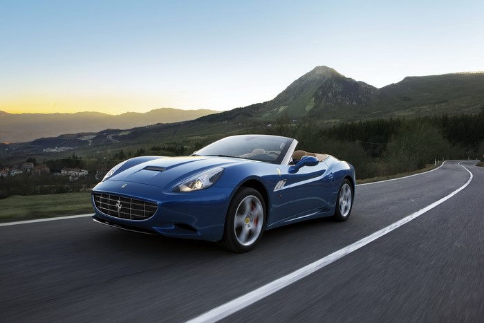 Blue 2012 Ferrari California Cabriolet on a Mountain Road