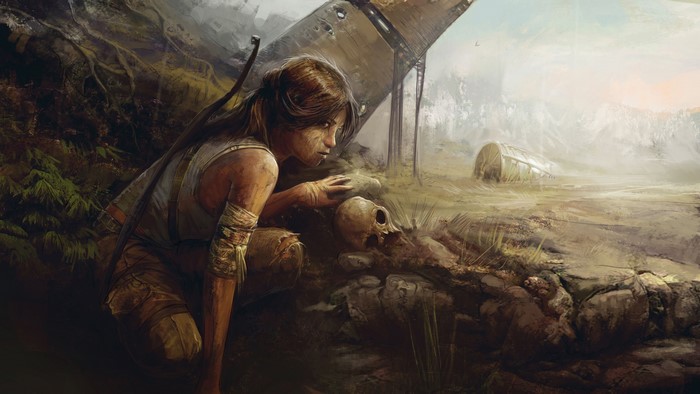 Lara Croft from Tomb Raider examining a skull