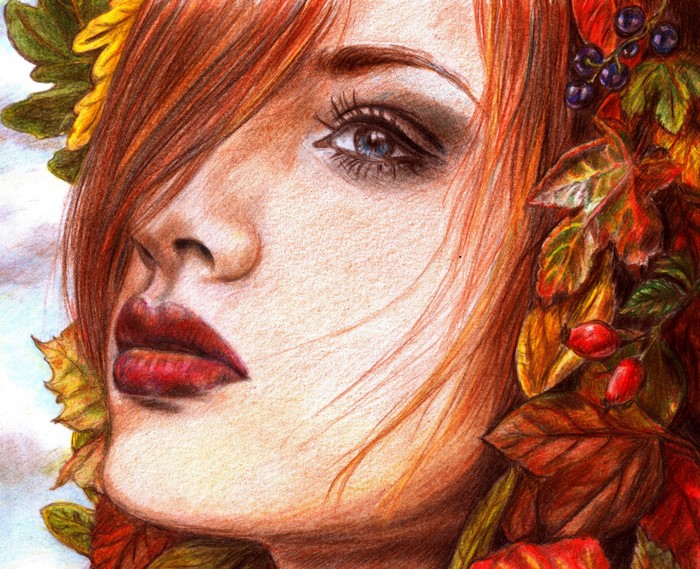 Redhead girl with autumn leaves