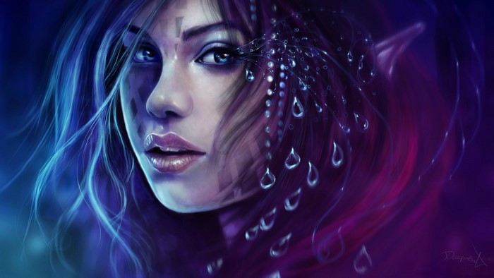 Elf woman with blue and purple hair and water droplets