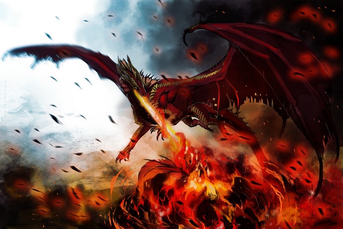 Red dragon breathing fire amidst flames and smoke