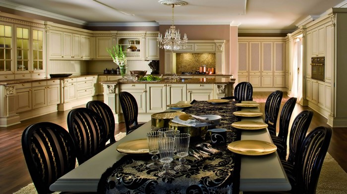 Elegant Kitchen and Dining Room with Chandelier