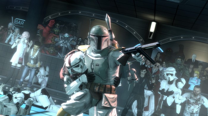 Boba Fett and Stormtroopers in a crowded bar
