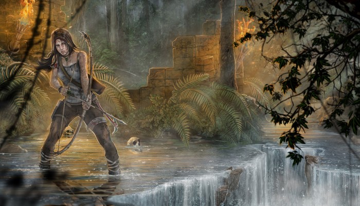 Lara Croft from Tomb Raider with bow and arrows in jungle waterfall