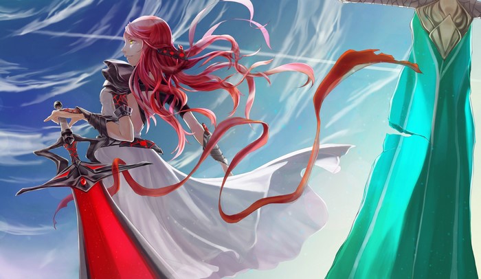 Redhead warrior with sword and green figure